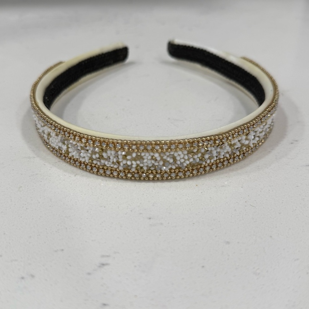Elegant White and Gold Beaded Headband
